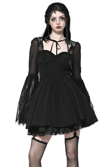 Black Lace Dress with Bell Sleeves and Corset Back Detail